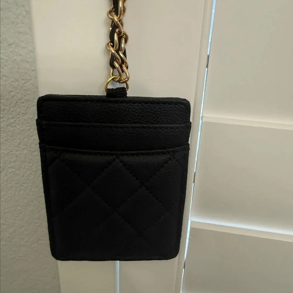 CHANEL Black Vegan Leather Chain Card Holder with Gold-Tone Chain